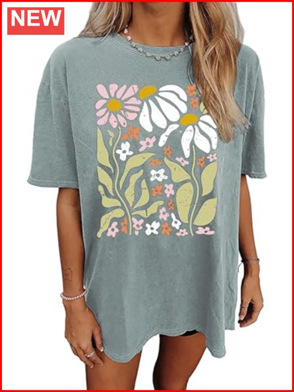 Oversized 60% Cotton 35% Polyester 5% Spandex Floral Graphic T-Shirt Crew Neck